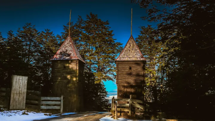 Historic buildings at Fuerte Bulnes overlooking the Strait of Magellan
