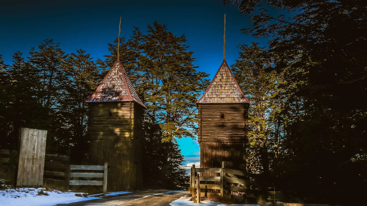Historic buildings at Fuerte Bulnes overlooking the Strait of Magellan